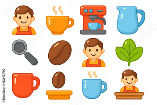 Coffee time icons: cartoon coffee maker, barista, and drinks collection