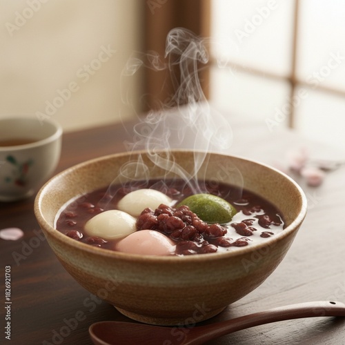 Traditional Japanese Zenzai: Steaming sweet red bean soup with colorful mochi and green tea.