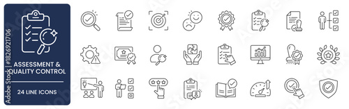 Assessment and Quality Control Line Icon Set with Editable Stroke. Collection of audit, evaluation, compliance, inspection, risk management, accreditation, validation, and regulation symbols.