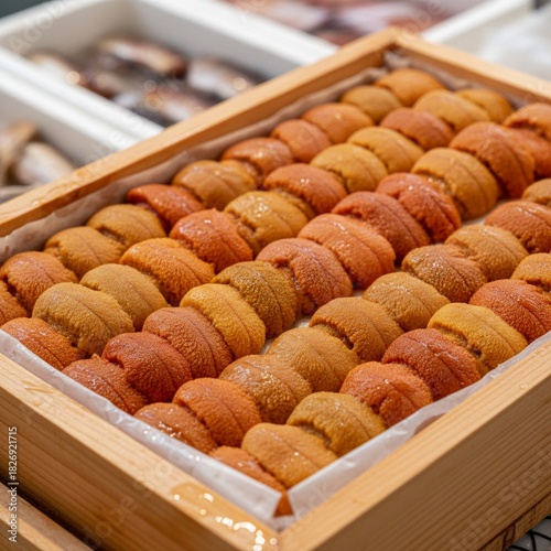 Glistening fresh sea urchin roe (uni) in wooden market box, Japanese gourmet seafood delight.