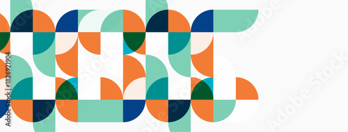 Abstract geometric pattern. Circles, semicircles create repeating motif. Teal, orange, navy colors dominate design. Modern aesthetic.