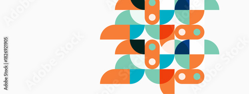 Abstract geometric shapes, orange, teal, navy, white background. Modern design, overlapping forms create interesting pattern.