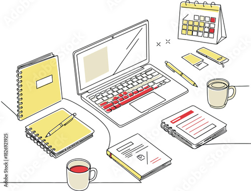 Illustration of a cluttered desk with a laptop notebooks books pens and coffee cups representing a creative workspace or study area for work and learning