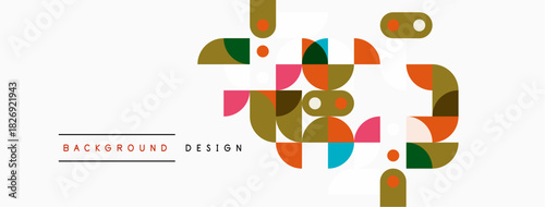 Abstract geometric shapes, vibrant colors, modern design. Background features overlapping circles, squares, rectangles. Minimalist aesthetic.