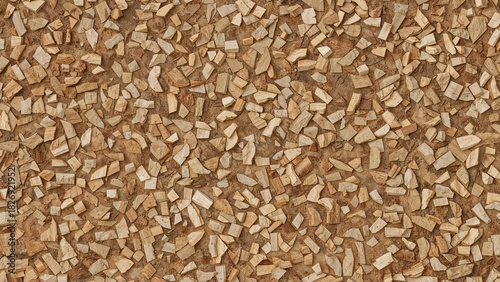 Small wood chips spread out on the ground, creating a textured surface.