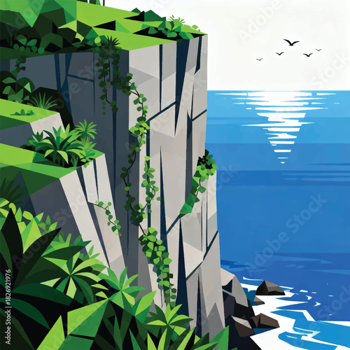 Illustration Of A High Cliff With Green Plants Clinging To The Side Of The Rock, Birds Flying In The Distance Vector Design Template