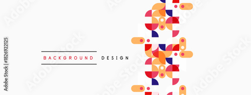 Abstract geometric shapes, vibrant colors, modern design. Background features rectangles, triangles, circles, playful composition.