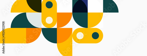 Abstract geometric shapes, orange, teal, navy, white background. Minimalist design, modern aesthetic, overlapping forms create visual interest.