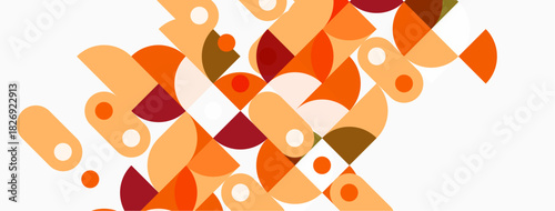 Abstract geometric composition. Circles, semicircles, rectangles overlap creating warm color palette. Modern design, simple shapes.