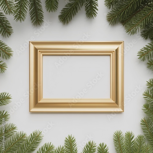 A sleek rectangular matte-gold frame centered on a pure-white background, bordered with lush emerald Christmas fir for a premium minimalist holiday mockup