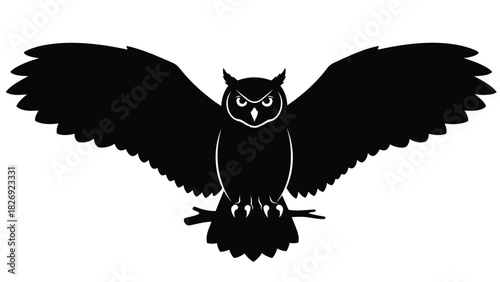 Fierce great horned owl silhouette with wide open wings perched on a branch, minimalist black and white vector art, emblem design, isolated on white background
