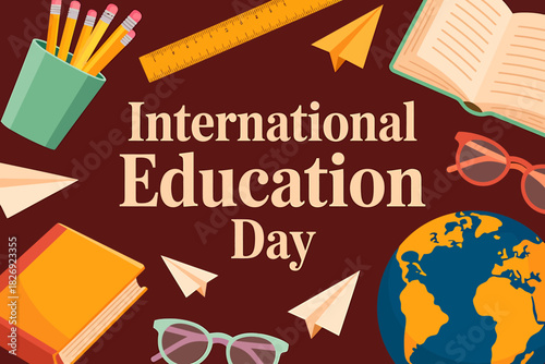 International education day concept with school supplies, books, globe, and pencils on a dark background, celebrating global learning and knowledge