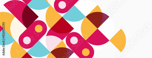 Abstract geometric shapes overlap, creating vibrant colorful pattern. Circles, semicircles, pinks, reds, blues dominate composition.