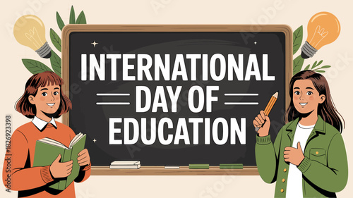 Two students stand in front of a blackboard celebrating the international day of education, surrounded by lightbulbs and green leaves, symbolizing global learning and knowledge sharing