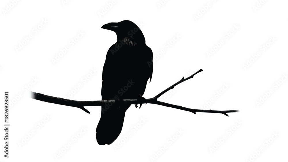Obraz premium Striking black silhouette of a large raven perched firmly on a bare, dark tree branch, minimalist graphic design, vector art, isolated on white background