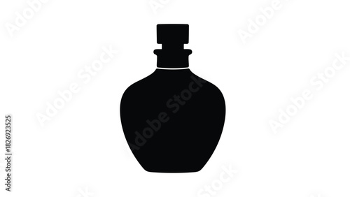 Black silhouette of a classic liquor decanter or whiskey bottle with a square stopper, simple graphic icon, flat vector art design, isolated on white background