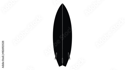 Black silhouette of a short surfboard viewed from the bottom showing fins and tail shape, minimalist vector graphic design for water sports, isolated on white background