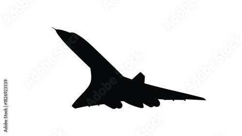 Black silhouette of supersonic Concorde jet airplane taking off at an angle, clean vector graphic design for aviation concepts, isolated on white background