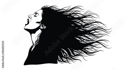 Dramatic black and white silhouette of a woman screaming upwards with long, flowing hair blowing strongly in the wind, vector art, sticker design, isolated on white background