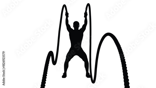 Muscular athlete silhouette performing intense battle rope waves exercise, dynamic fitness workout concept, clean vector art, sticker design, isolated on white background