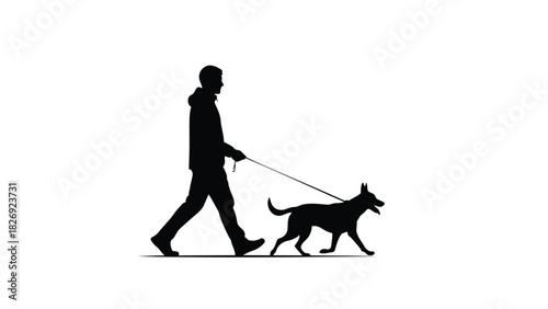 Man in hooded jacket walking a medium-sized dog on a leash, side profile silhouette graphic, clean vector art for pet care concepts, isolated on white background