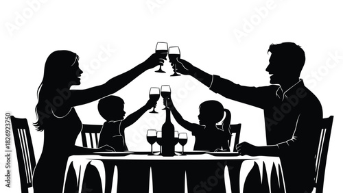 Silhouette of happy family four people toasting with wine glasses over dinner table celebrating special occasion, flat vector art, isolated on white background