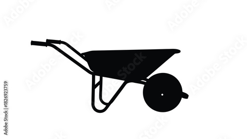 Simple black silhouette of a single wheelbarrow tool for gardening and construction work, clean vector graphic icon design, isolated on white background