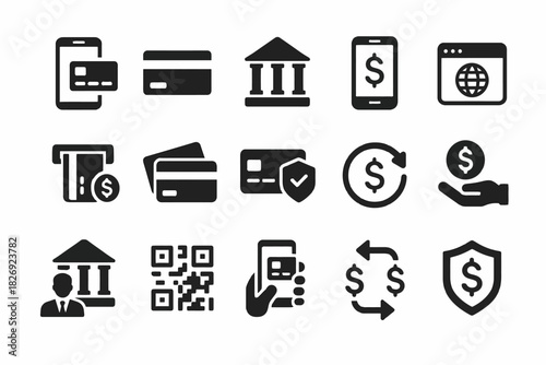 Digital banking icons: mobile payments, cards, transactions, security, finance