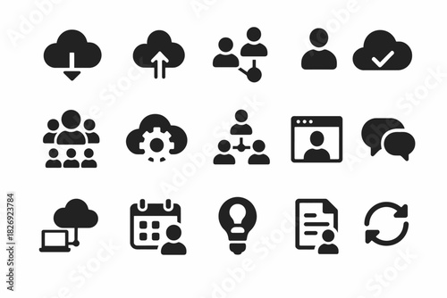 Cloud technology icons set: networking, users, communication, and synchronization symbols