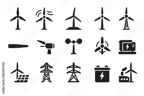 Renewable energy icons set: wind turbines and power symbols
