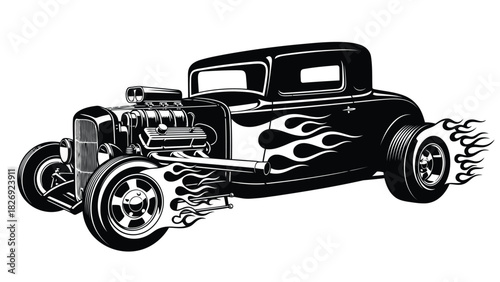 Aggressive Black and White Hot Rod Coupe with Exposed Engine and Side Pipes, Speeding with Fire Flames, Vintage Car Vector Art, Sticker Design, isolated on white background