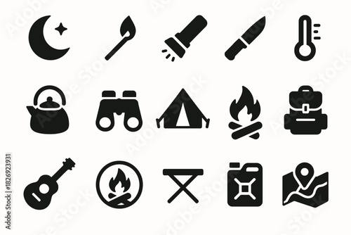 Camping essentials icons featuring tent, campfire, backpack, and more