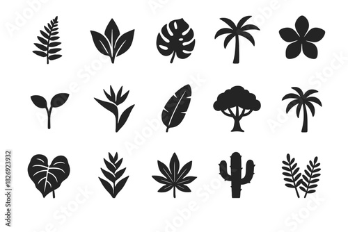 Collection of various botanical leaf and plant silhouettes in black