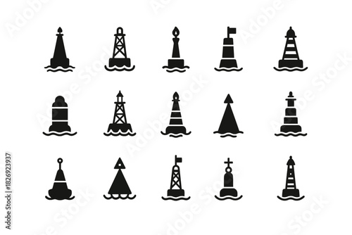 Set of various nautical buoy silhouettes in different shapes and designs
