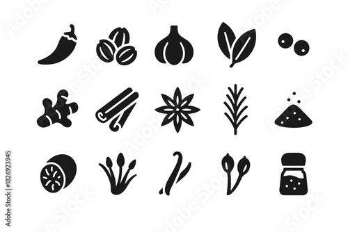 Icon set of popular spices and herbs: chili, cinnamon, garlic, vanilla, nutmeg