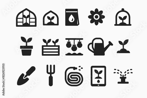 Gardening icons: plants, tools, and watering symbols for horticulture design