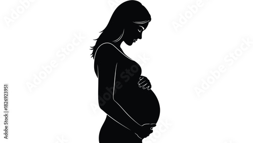 Elegant black silhouette profile of a pregnant woman tenderly holding her large belly, serene expression, clean vector art, motherhood concept, isolated on white background