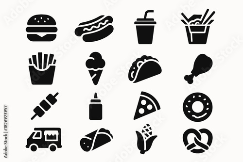 Assorted fast food icons: burger, hotdog, fries, soda, ice cream, pizza, taco
