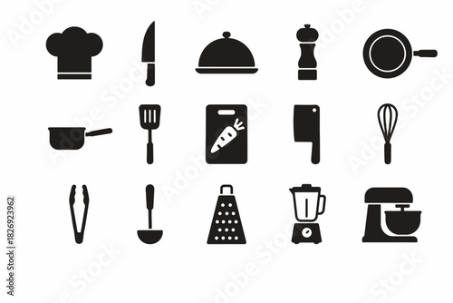 Cooking tools icons: chef hat, knife, blender, and kitchen utensils collection