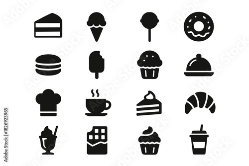 Set of dessert and food icons including cake, ice cream, and croissant