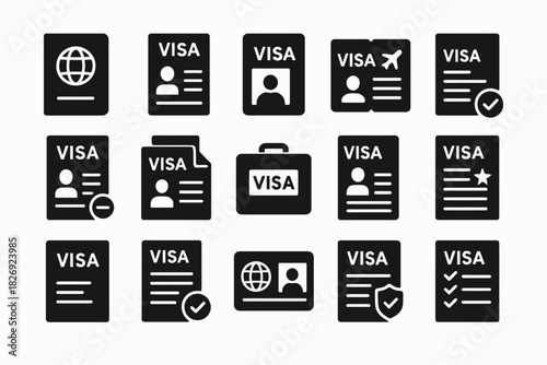 Visa and passport icon set: travel, documents, approval, identity verification