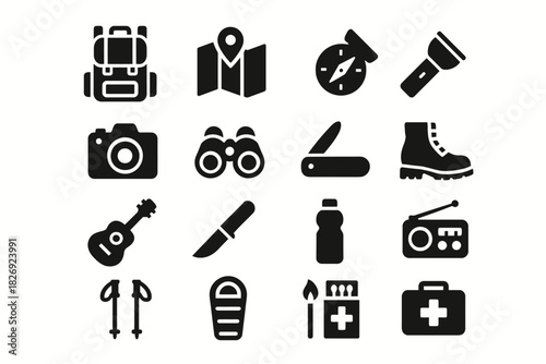Camping and hiking icons: backpack, map, compass, flashlight, camera, binoculars, knife, boot, guitar, water bottle, radio, first aid kit