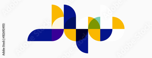 Abstract graphic design features colorful overlapping shapes. Yellow, purple, blue, green create dynamic composition. Simple, modern aesthetic.