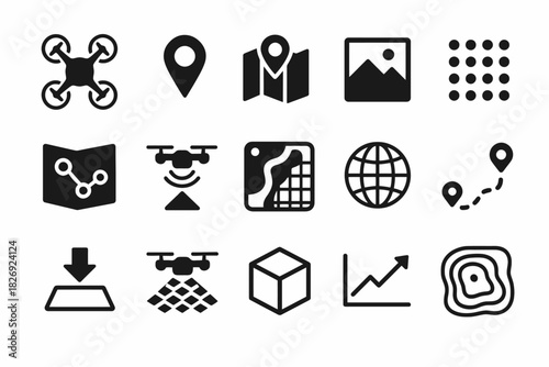 Drone and map navigation icons in black and white vector set