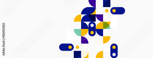 Abstract geometric shapes, vibrant colors, modern design. Composition features squares, rectangles, circles, overlapping forms. Minimalist aesthetic.