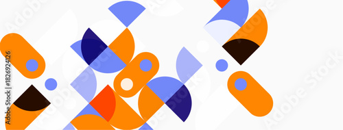 Abstract geometric shapes overlap, creating vibrant color composition. Orange, blue, purple hues dominate clean white background.