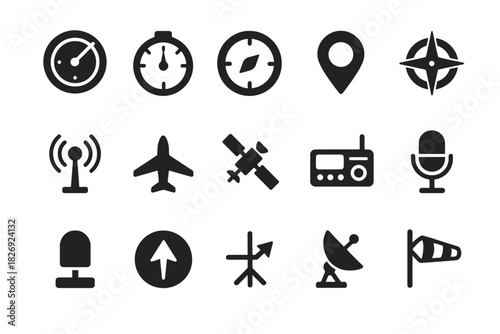 Navigation and communication icons: compass, airplane, satellite, microphone