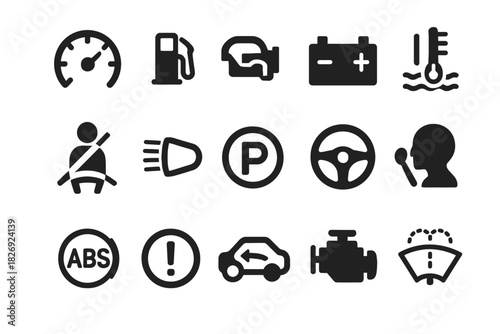 Essential car dashboard icons: fuel, engine, battery, temperature, and more