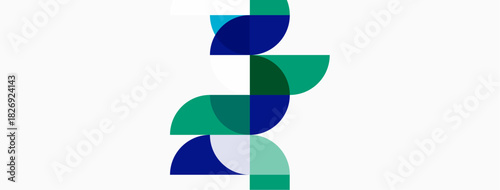 Abstract graphic features overlapping rounded shapes. Blue, green hues dominate white background. Modern design suggests growth, connection.