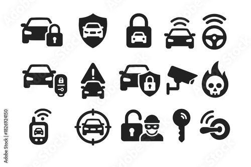 Car security icons: protection, alarm, lock, surveillance, safety
